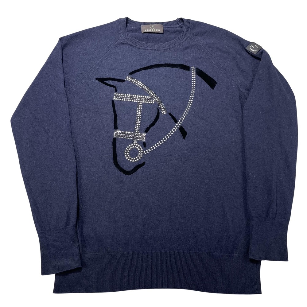 Vestrum Sweater Womens Large Blue Horse Rhinestone Graphic Knit Pullover Italy